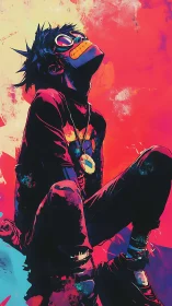 Neon-lit stylized youth in goggles against radiant gradient field