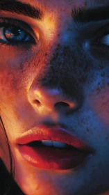 Freckled face glows in dramatic blue and orange neon light