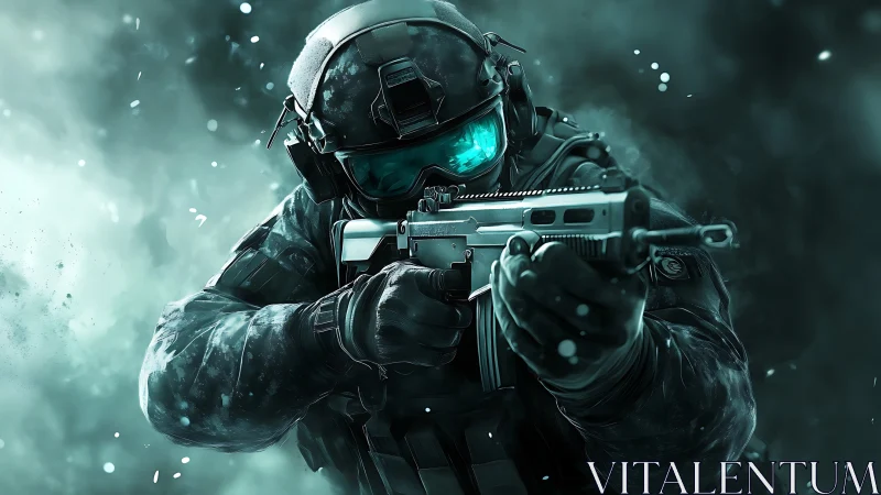 Futuristic tactical soldier advancing through icy mist.