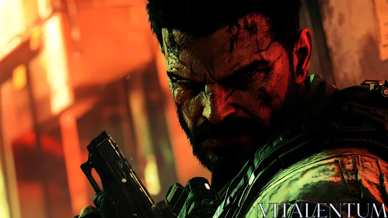 Battle-hardened soldier in neon-lit firefight close-up.