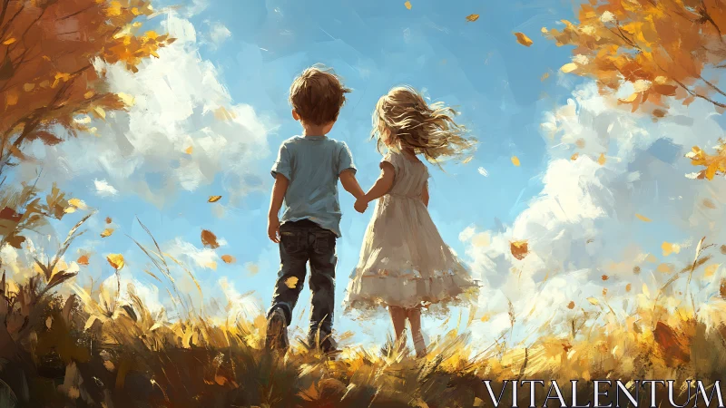 Backlit Children in Autumn Field: Golden Hour Bilateral Composition