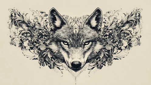 Wolf head illustration with symmetrical floral ink elements.