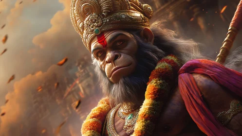 Anthropomorphic monkey deity figure in ornate regalia.