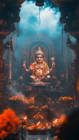 Digital shrine interior renders central deity statue in smoke