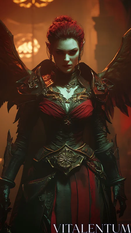 Winged demon queen stands in baroque armor under ember light