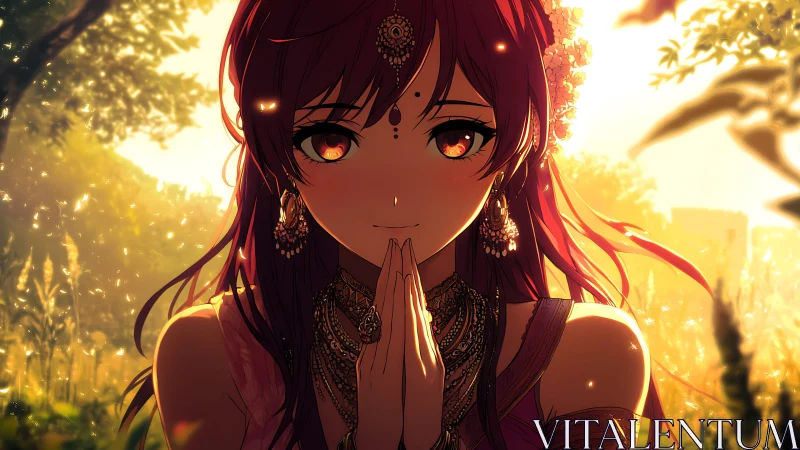 Sunlit girl in jeweled prayer sharing a quiet golden hello.