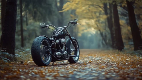 Custom motorcycle waiting on a quiet golden forest road.