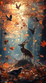 Deer and birds within dense autumn forest environment.