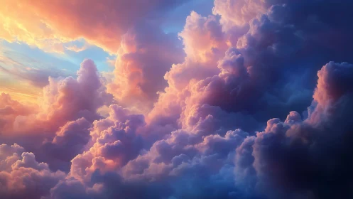Layered cumulonimbus cloudscape under colored sunset sky.
