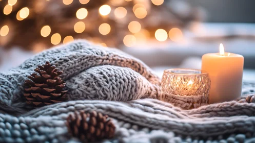 Cozy candlelight rests gently on soft knits and pinecones