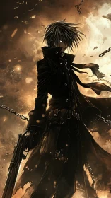 Midnight gunslinger draped in swirling ember-lit shadows.