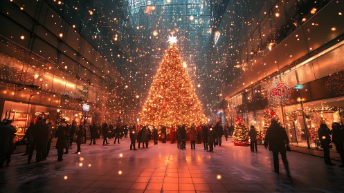 People gather around large illuminated Christmas tree indoors