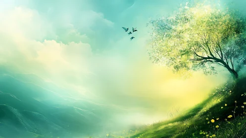 Morning light drifts over a dreamy hillside tree and quiet sky