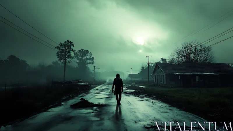 Solitary silhouette walks into a mist-soaked neon dawn road