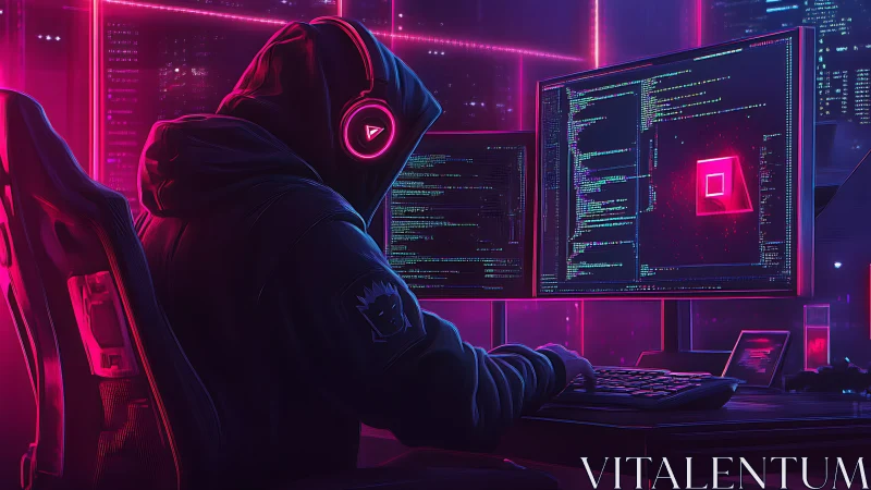 Hooded hacker codes in neon cyberpunk workstation glow.