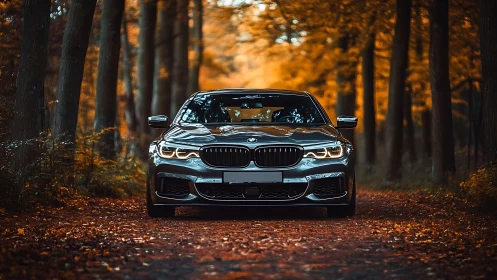 Photorealistic sedan front view on autumn forest lane composition.