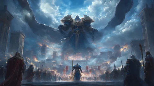 Colossal armored deity looms above besieged fantasy city