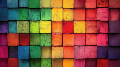 Color spectrum grid of textured wooden cubes in rows.