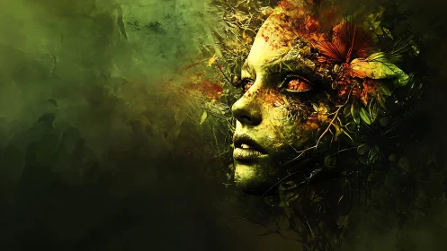 Female face merges with foliage and flowers in dense forest