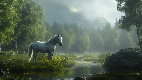 Mist-kissed valley pauses to crown a lone white horse