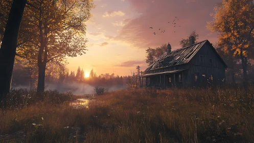 Golden sunset settles over a quiet weathered country house