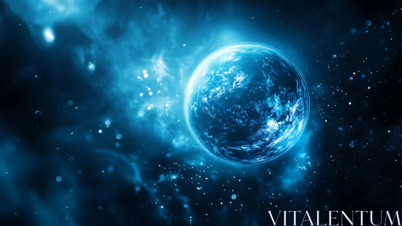 Luminescent exoplanet rendered in high-contrast blue nebular field