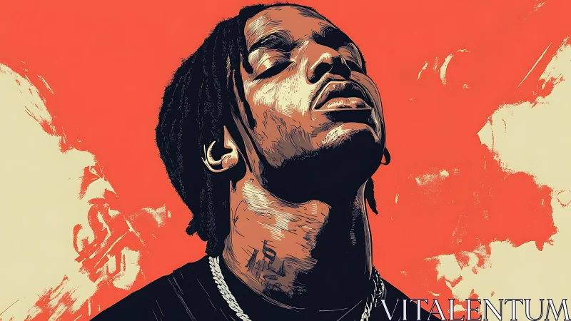 Stylized portrait of man with dreadlocks on orange ground.