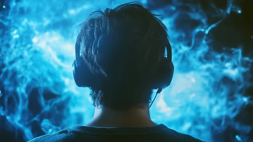 Headphoned dreamer drifts inside electric blue soundstorm.