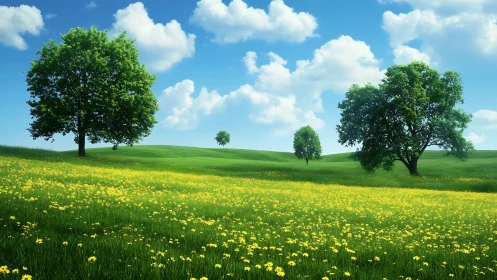 Green meadow landscape with scattered trees and clouds.