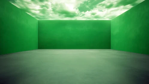 Rectangular green room uses sky-textured ceiling as luminous plane