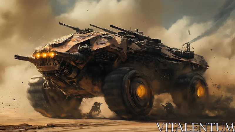 Post-apocalyptic desert war rig in dynamic digital painting.