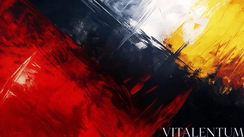 Bold Abstract Painting With Red, Black, Yellow, and White Brush Strokes.