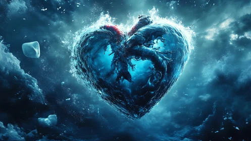 Mystical ocean heart of water and roots glowing in blue.