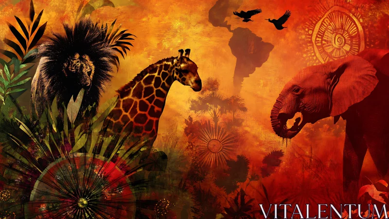 Savanna spirits stride through a blazing painted sunset dream