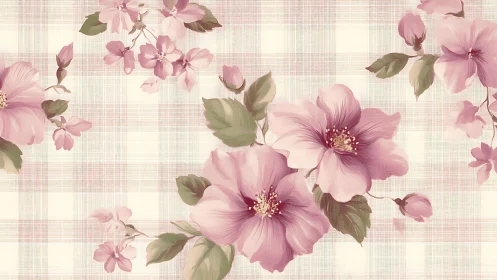 Pink Flowers on Linen Textile Wallpaper.