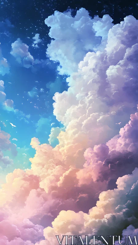 Volumetric cumulus cloudscape graded from dusk pastels to starfield