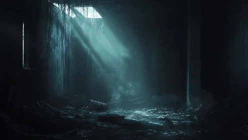 Cold light cuts through a ruined, mossy industrial corridor