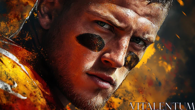 Intense closeup of determined football player in war paint.