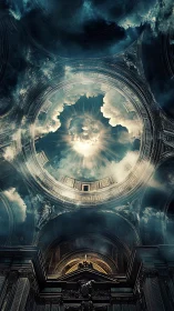Heavenlit cathedral dome where clouds meet carved stone.