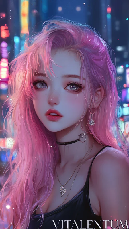 Digital portrait depicts pink-haired woman in neon city setting