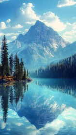 High-altitude glacial lake with mirrored alpine peak and pines