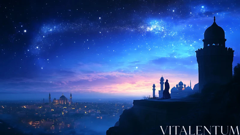 Starlit desert cityscape under sweeping galactic arch.