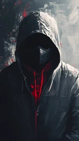 Hooded cyber vigilante stands cloaked in shadow and red light.