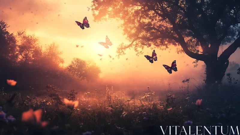 Butterflies crossing a misty meadow at glowing sunset.