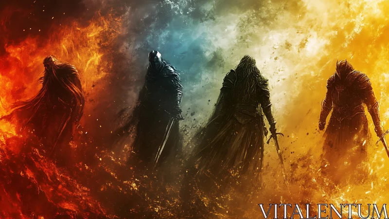 Four armored warriors amid elemental fire gradients.