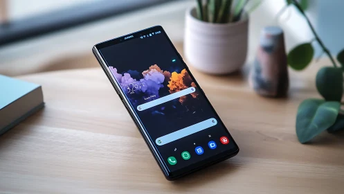 Samsung Galaxy Fold displayed on wooden desktop workspace environment.