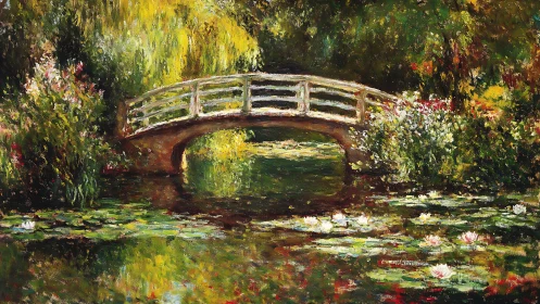 Wooden garden bridge spans reflective lily pond at dusk.