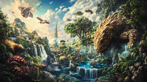 Gentle stone creature watches over a lush fantasy valley