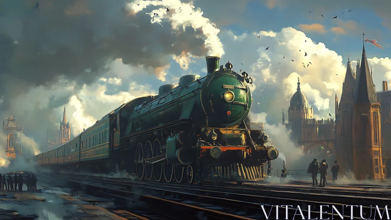 Steam locomotive at urban station under dense cloud cover.