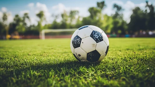 Soccer ball on grass field in outdoor sports setting.